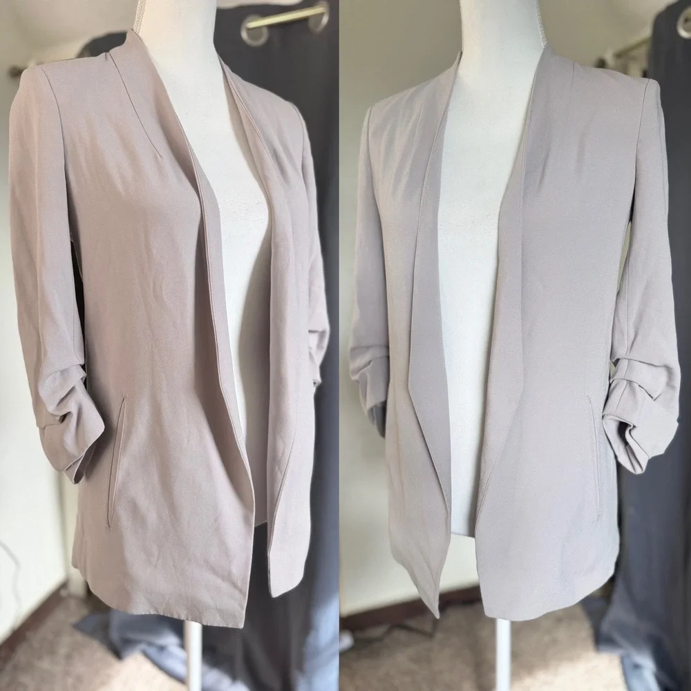 Babaton Aritzia Power Hip Blazer 0 Mauve Taupe Ruched 3/4 Sleeve Open Front